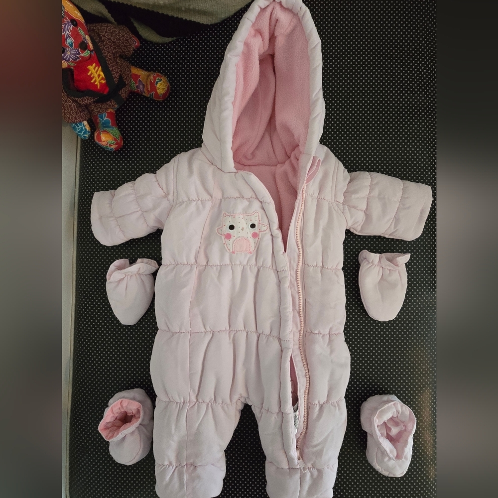 Pink Hooded Baby Snowsuit with Mittens and Booties
